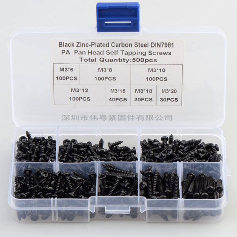 Black Pan Head Tapping Screws Set M3*6/8/10/12/16/18/20 Carbon Steel laptop computer screw Phillips Screw kit 500 pcs/set ► Photo 1/6