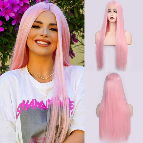 I's a wig Long Straight Synthetic Front Lace Wig Pink Wig for Women Middle Part Yellow Black Wig High Temperature Fiber Hair ► Photo 1/6
