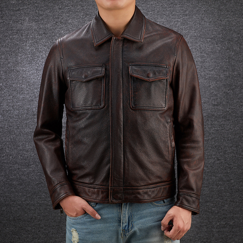 Free shipping.Plus Size classic leather jacket,short genuine leather coat,vintage brown mens slim leather clothes.father sales ► Photo 1/5