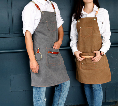 Canvas Bib Leather Chef Kitchen Apron Women Men Barista Bartender Pockets Home Barber Coffee Restaurant  Potective pinafore ► Photo 1/6