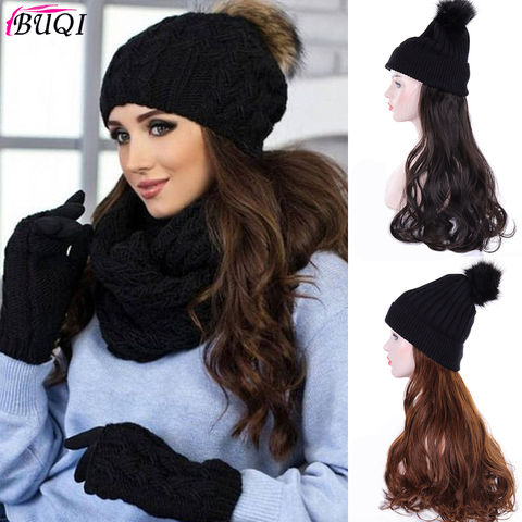 Fashion party wig Long Curly/Straight Wig with Baseball Cap Elastic Knit Hat Wigs Synthetic Natural Hair for Women BUQI ► Photo 1/6