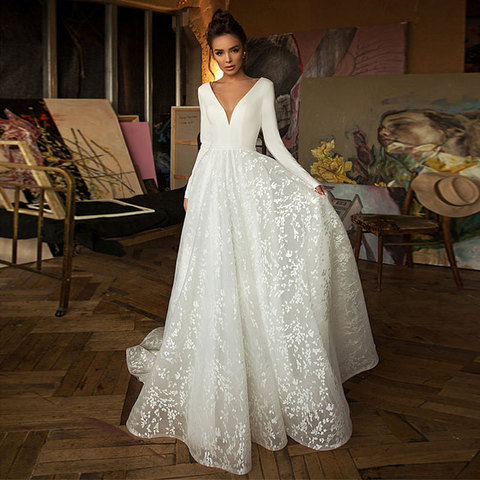 Boho robe de mariee vestido novia wedding dress satin longue long sleeves Robe De Soiree simple robe de soiree bride to be ► Photo 1/4