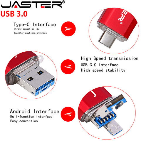 JASTER  New 3 IN 1 OTG (Android&USB & Type_C) USB 3.0  flash drive Metal Custom Pen Drive 64GB 32GB 16GB 8GB 4GB Wedding Gifts ► Photo 1/6