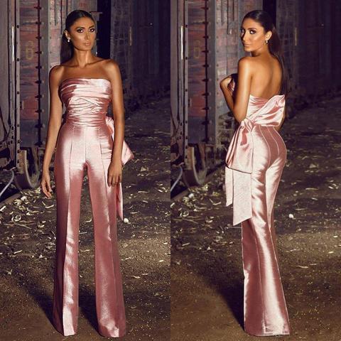 2022 Fashion Jumpsuit Evening Dresses For Women Pants SuitSatin Ruffles Big Bow strapless rose pink celebrity prom pant suit ► Photo 1/4