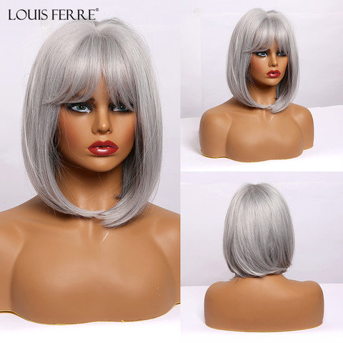 LOUIS FERRE Gray Ash Silver Wigs with Bangs Short Straight Cosplay Bobo Synthetic Wig for Black Women Heat Resistant Cute Fibre ► Photo 1/6