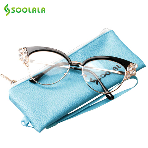 SOOLALA Rhinestones Semi-rimless Cat Eye Reading Glasses Women Presbyopia Sunglasses Night Vision Reading Glasses with Cases ► Photo 1/6