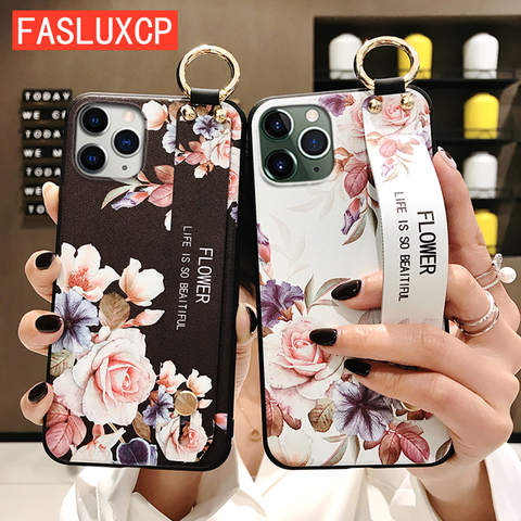 For iPhone 12 Case Fashion Flower Phone Holder Case for iPhone 8 Plus 6 6s 7 X XR XS 11 pro max Soft TPU Wrist Strap Cover Etui ► Photo 1/6