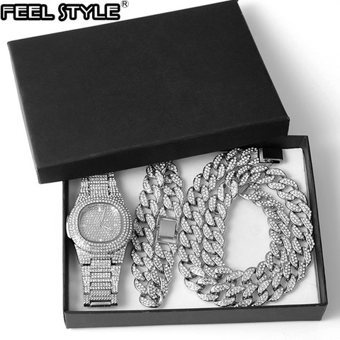 Gold Gold Necklace +Watch+Bracelet Hip Hop Miami Curb Cuban Chain Iced Out Paved Rhinestones CZ Bling Rapper For Men Jewelry ► Photo 1/6