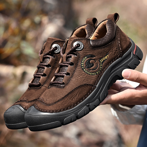 Outdoor Genuine Leather Waterproof Hiking Shoes Men High Quality Retro Casual Soft Sneakers Male Non-slip Camping Trekking Shoes ► Photo 1/6