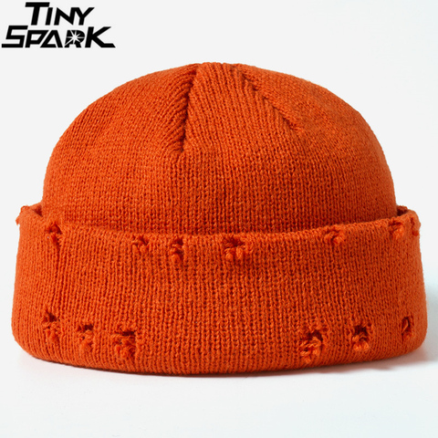 Men Hip Hop Harajuku Skullies Beanies Hats Ripped Holes Knitted Hats Plain 2022 Autumn Winter Soft Cotton Warm Caps ► Photo 1/6