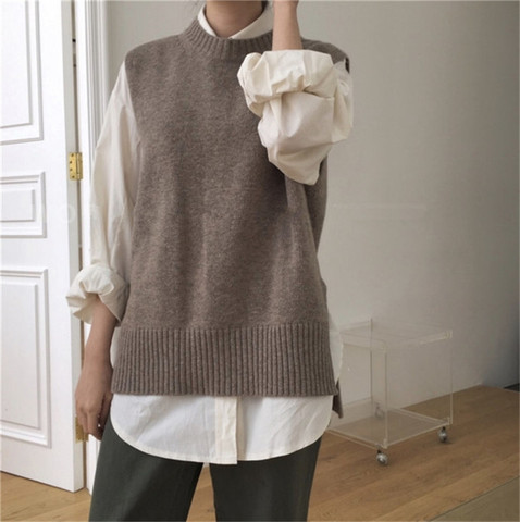 RUGOD 2022 New Women Classic Knitted Soft Sweater Vest O-neck Side Spilt Loose Vest Coat Office Lady Lazy Cozy Casual Sweater ► Photo 1/6