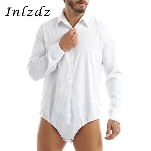 Mens Casual Office Bodysuit Shirt Tops One-piece Turn-down Collar Long Sleeves Button Down Bodysuit Romper Corset Shirts ► Photo 1/6
