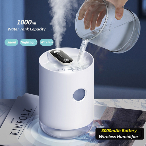 Home Air Humidifier 1L 3000mAh Portable Wireless USB Aroma Water Mist Diffuser Battery Life Show Aromatherapy Humidificador ► Photo 1/6