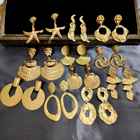 Flatfoosie 2022 Trendy Shell Starfish Drop Earrings For Women Geometric Round Simple Gold Color Metal Statement Earrings Jewelry ► Photo 1/6