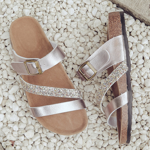 Roman summer shoes woman glitter cork sandals three narrow band platform slippers female big size beach sandalias gold slides ► Photo 1/6