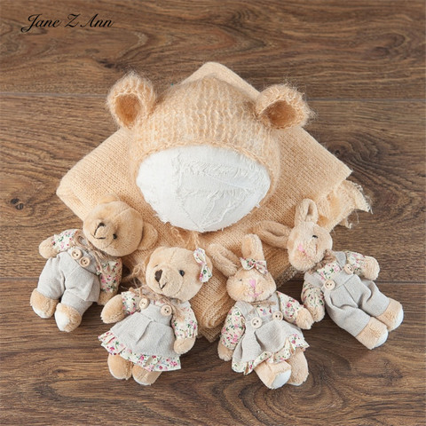 Jane Z Ann Newborn baby beige pastoral cute rabbit bear doll photography prop bear ear hat combination studio shooting idea ► Photo 1/4