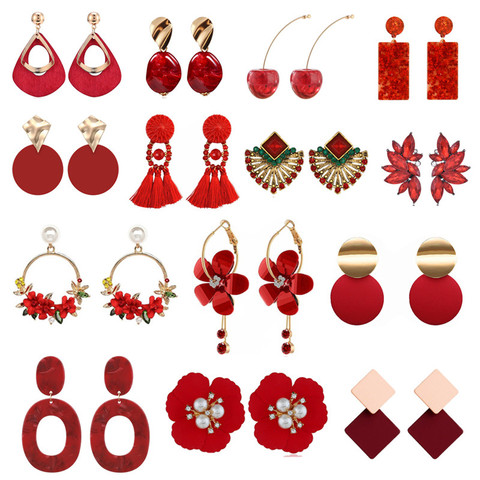 Elegant Geometric Round Red Color Sweet Drop Earrings for Women Pearl Flower Cherry Wedding Earrings Tassel Brincos Jewelry 2022 ► Photo 1/6