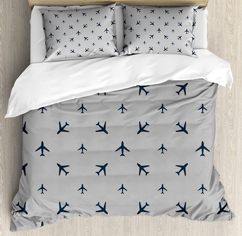 Airplane Duvet Cover Set Diagonal Stripes with Blue Travel Silhouettes Vacation Aviation 3 Piece Bedding Set Petrol Blue ► Photo 1/4