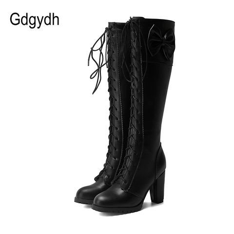 Gdgydh 2022 Autumn Winter News Women Knee-High Motorcycle Boots Thick Heel Platform Bow-knot Female Wedding Boots Plus Size 48 ► Photo 1/6