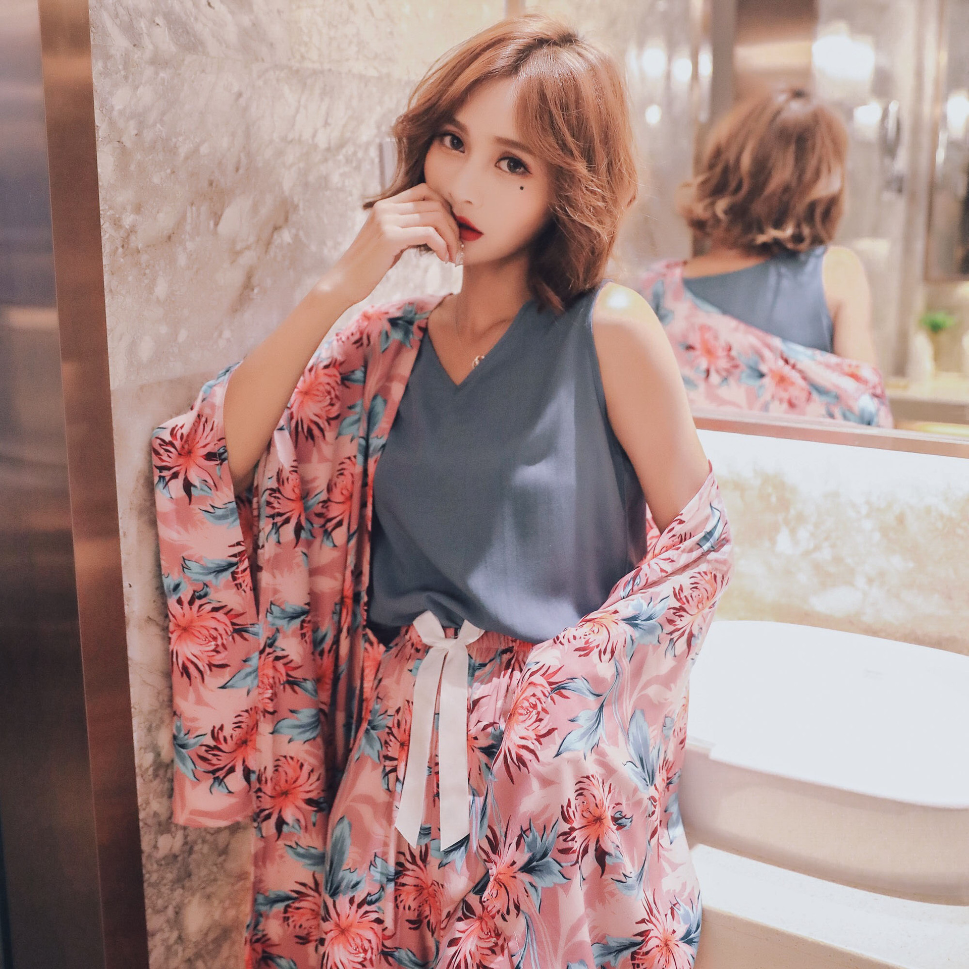 2020 New Printing Pajama Set Woman Korean Rayon Long Sleeve Trousers Twinset
