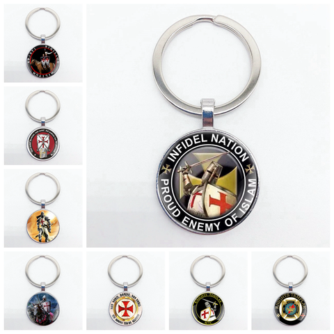 Vintage Infidel Nation Proud Enemy of Islam Knight Templar Glass Pendant Key Chain Classic Men Women Key Rings ► Photo 1/6