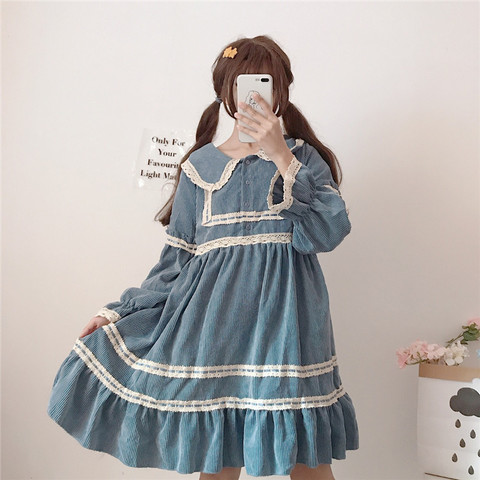 Japanese sweet lolita dress vintage lace peter pan collar corduroy victorian dress kawaii girl gothic lolita op loli cos ► Photo 1/6
