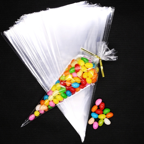 100pcs Transparent candy packing Bags Wedding Birthday Party Decoration Sweet Cellophane Candy Bag Cone Storage Packaging Bag ► Photo 1/2