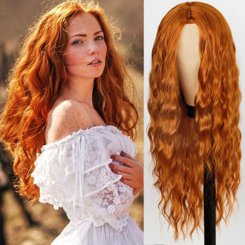 FEELSI Pure Red Black orange Color Long Water Wave Hairstyle Wigs For Women Synthetic Hair High Temperature Fiber Average Size ► Photo 1/6