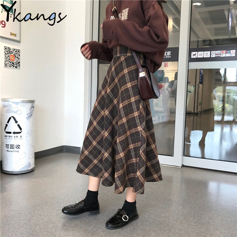 Harajuku Autumn Winter Wool Women Midi Pleated skirt High Waist Plaid Female Saias Korean Ulzzang Streetwear Elegant Long Skirts ► Photo 1/6