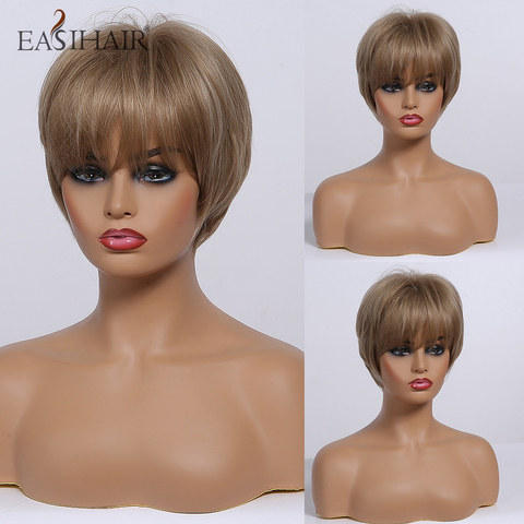 EASIHAIR Short Women Brown Wigs with Bangs Synthetic Wigs Layered Natural Hair Bob Wig Cosplay Daily Wigs Heat Resistant ► Photo 1/6
