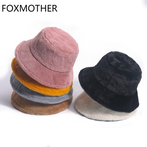 FOXMOTHER Winter Outdoor Vacation Lady Panama Black Solid Thickened Soft Warm Fishing Cap Faux Fur Rabbit Bucket Hat For Women ► Photo 1/6