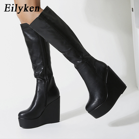 Eilyken Spring Autumn New Wedge Heels Knee High Boots Fashion PU Leather Round Toe Zip Women Black Platform Shoes Size 40 ► Photo 1/5