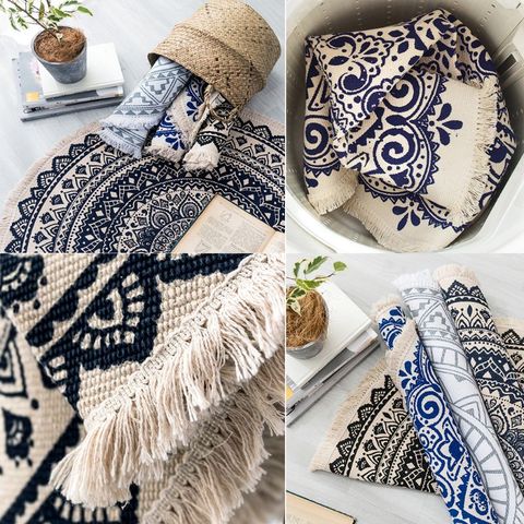 Morocco Round Rug Boho Style Tassel Cotton Fabric Carpet Mat Door Blanket Decor M68E ► Photo 1/5