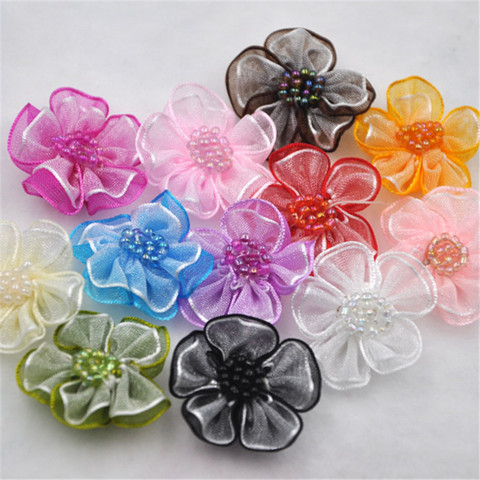 Upick 20 pcs Organza ribbon flowers bows W/beads Appliques Craft Wedding Dec A008 ► Photo 1/1