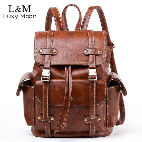 Vintage Leather Backpack Women Fashion Large Drawstring Rucksack School Travel Bag For Teenage Girls mochilas Black Brown XA480H ► Photo 1/6