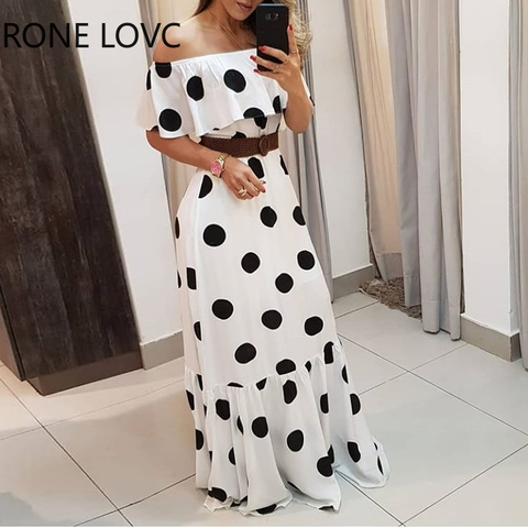 WomenOff Shoulder Polkadot Print  Ruffles Maxi Dress  Elegant Fashion Chic Party Dress ► Photo 1/4