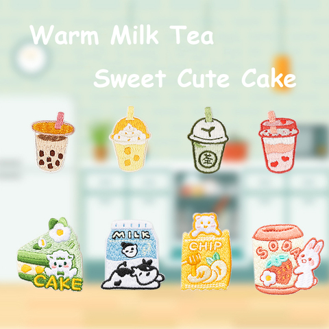 AHYONNIEX Cute Warm Milk Tea Sweet Cake Milk Patches DIY Applique Embroidery Parches Fabric Stickers Iron On Patch for Clothes ► Photo 1/6
