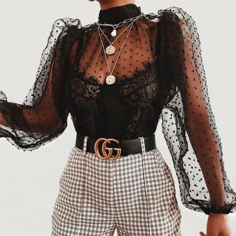 2022 Ladies Blouse Mesh Sheer Polka Dot Print Long Sleeve Hollow Blouse Thin Lace Bottoming See-thought Sexy Blouses 2 Colors ► Photo 1/6