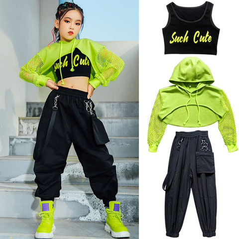 Jazz Costume Hip Hop Girls Clothing Green Tops Net Sleeve Black Hip Hop Pants For Kids Performance Modern Dancing Clothes BL5311 ► Photo 1/6