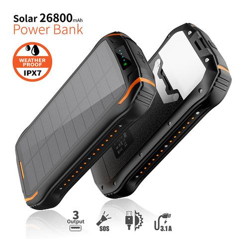 Fast Qi Wireless Charger Solar Power Bank 26800mAh For iPhone Samsung Powerbank with LED Flashlight Solar Waterproof Poverbank ► Photo 1/6