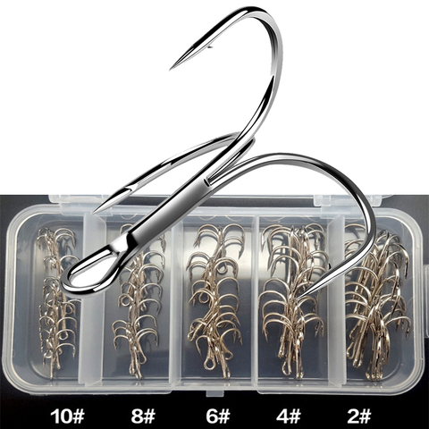 Brand New 50Pcs/lot Treble Fishing Hook In box High Carbon Steel Barbed  Hooks Fishing Tackle Round Bend Silver Fish Hook ► Photo 1/6