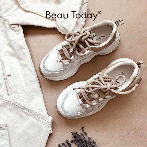 BeauToday Chunky Sneakers Women Cow Leather Mesh Retro Casual Shoes Platform Lace-Up Trainers Handmade 29333 ► Photo 1/6