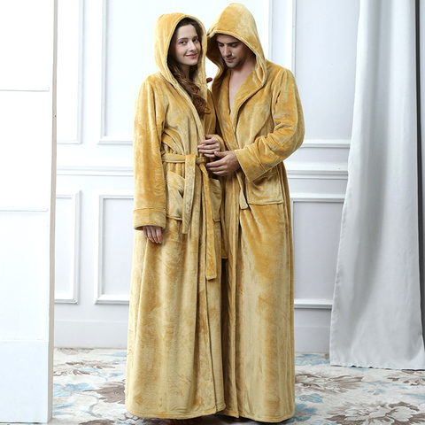 Men Plus Size Long Warm Flannel Bathrobe Winter Hooded Coral Fleece Bath Robe Men Night Sleepwear Women Dressing Gown Sexy Robes ► Photo 1/6