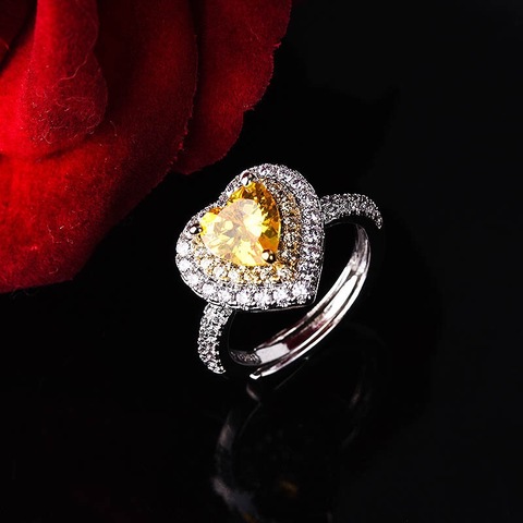 New Yellow Zircon Heart Finger Ring Romantic Love 9 2 5 Silvery Wedding Jewelry For Women Opening Adjustable Ring MENGYI ► Photo 1/4