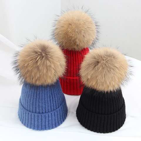 JIANGXIHUITIAN Simple Real fur ball cap pom poms winter hat for women girl 's hat knitted beanies cap brand new thick female cap ► Photo 1/6