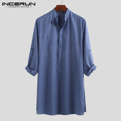 INCERUN Men Shirt Solid Color Stand Collar Long Loose Vintage Casual Tops Indian Clothes Camisa Sleeve Men Long Shirts 2022 5XL ► Photo 1/6