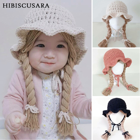 1-5 Yrs Girls Hat Kids Hand Knitted Caps With Braids Children Autumn Winter Fashion Wigs Hat Plaits Wig Bonnet Photo Accessories ► Photo 1/6