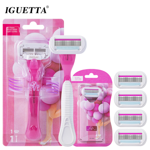 IGUETTA 1Handle&5Blades Women Body Hair Shaving Razor Aloe Strip Women Razor Safety Blades Set Rubber Handle Bikini Razor ► Photo 1/6