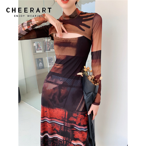 CHEERART 2 Piece Mesh Long Sleeve Punk Dress Women Turtleneck Long Midi Bodycon Ladies Dress Runway Fashion Designer Clothes ► Photo 1/6