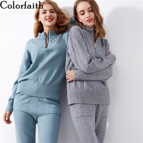 Colorfaith 2022 New Autumn Winter Women Sets 2 Pieces Sweater Pullovers 39inches Long Pants Knitwear Warm Tracksuit Suits WS1213 ► Photo 1/6